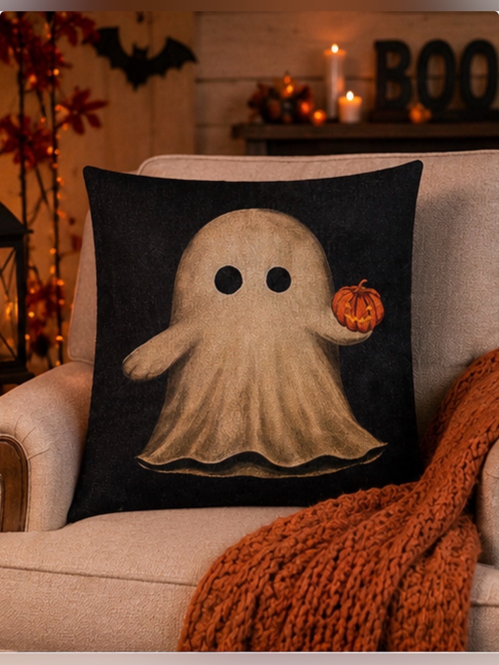 Decorative Halloween vintage ghost throw pillow COVER black & cream
